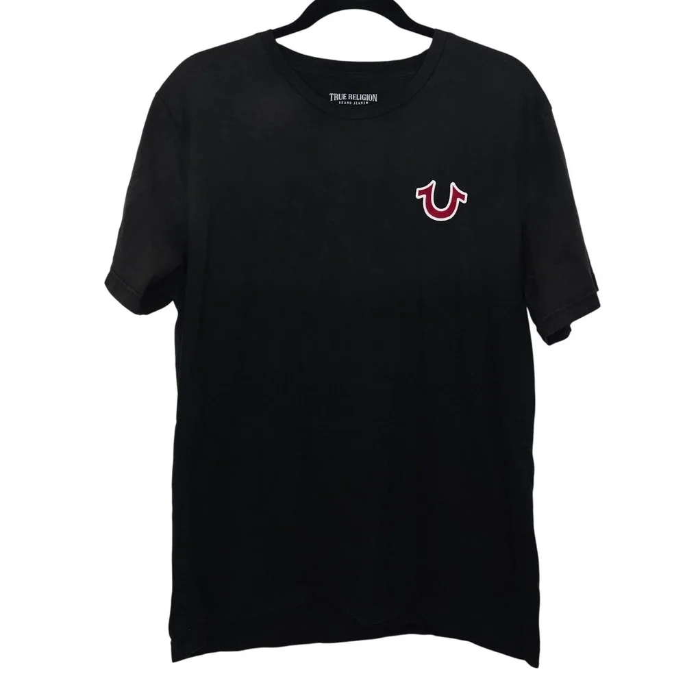True Religion Mens L T-Shirt Black Red Horseshoe Logo Buddha Guitar Graphic Flaw